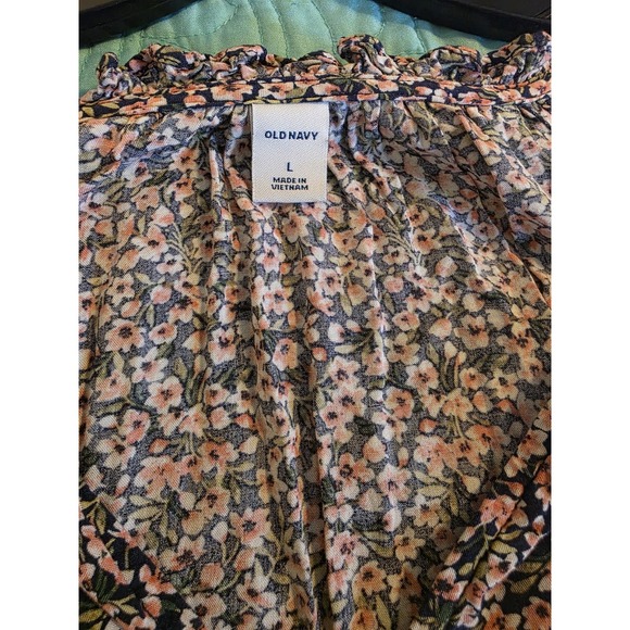 Old Navy‎ Size Large Navy Floral  Open Neck Long Sleeve Boho Cottagecore Top - Picture 2 of 8